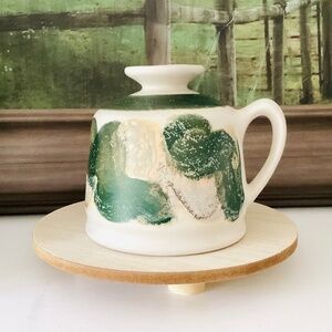 Handmade Kravec Studios Art Pottery Vase with Handle USA VTG Green Cream Colors
